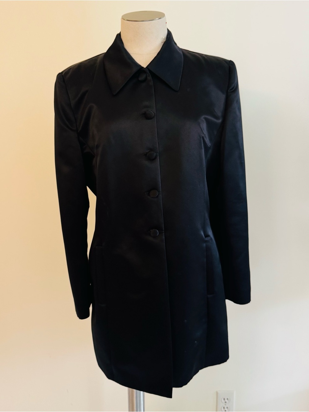 Classic Black Women’s Satin Button-Front Coat